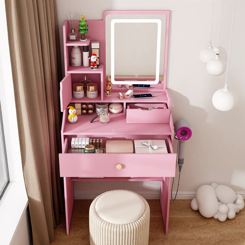 23.6" Pink Vanity Set with LED Mirror & Stool | Dressing Table with 2 Drawers & 5 Storage Cabinets (4 Open + 1 Hidden) | Adjustable 3‑Color Lighting, Built‑In Charging Station | Compact Space‑Saving Makeup Desk