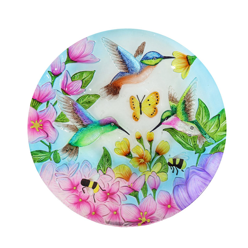 Springtime Hummingbirds Glass Birdbath