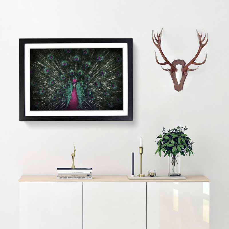 Mesmerising Pink & Green Peacock - Picture Frame Graphic Art Print, Black Framed, 27cm H x 36cm W x 2cm D