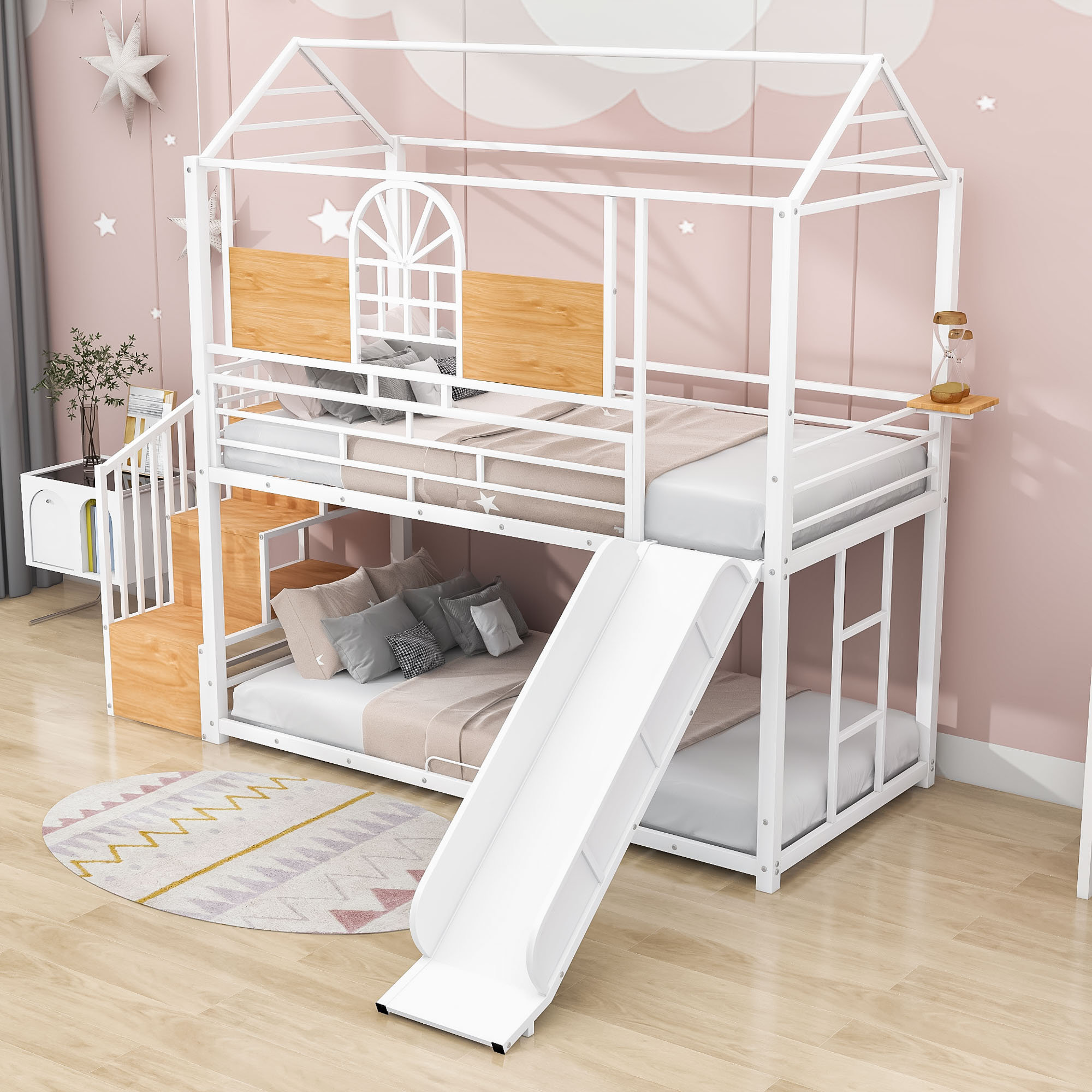 Harper Orchard Boscobel Twin Over Twin Metal House Bunk Bed with Slide ...