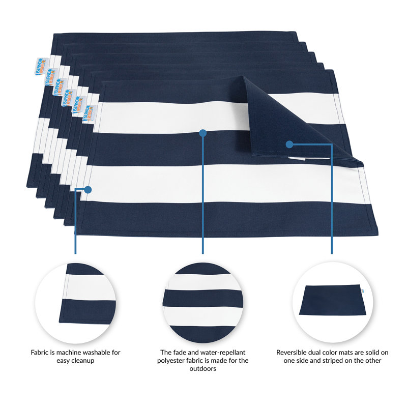 Navy and White Striped Reversible Outdoor Fabric Placemats, Set of 6