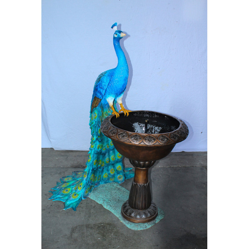 Sculpture bronze avec fontaine paon et bol décoratif