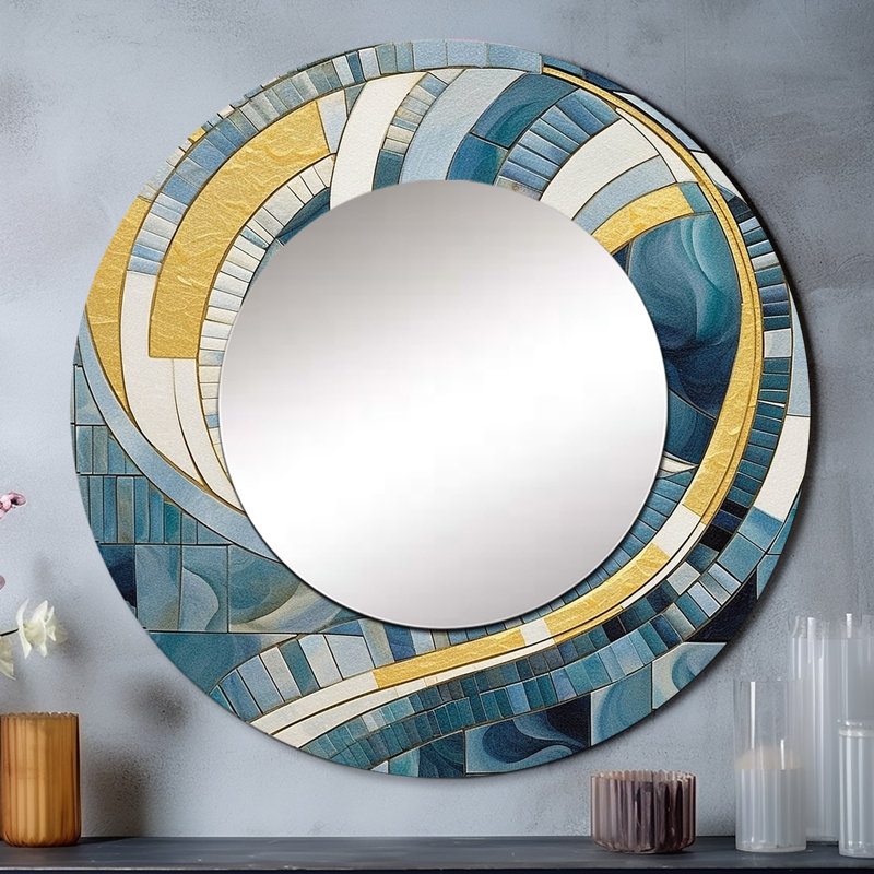 Or, construction de royaumes bleus II - formes abstraites, miroir mural, miroir rond bleu, impression sur métal