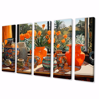 Fleurs orange, vase orange, art mural de fenêtre, 5 pièces