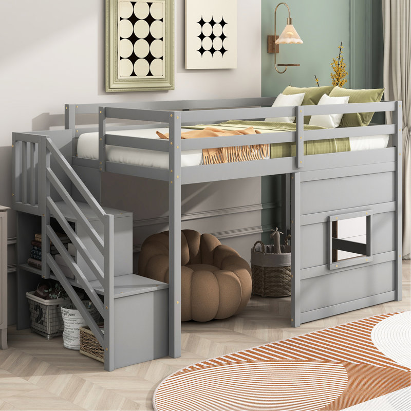 Twin Size Loft Bed With Storage Staircase And Joyful Window In Gray - Wood For A Playful Bedroom Space Strong, Gray