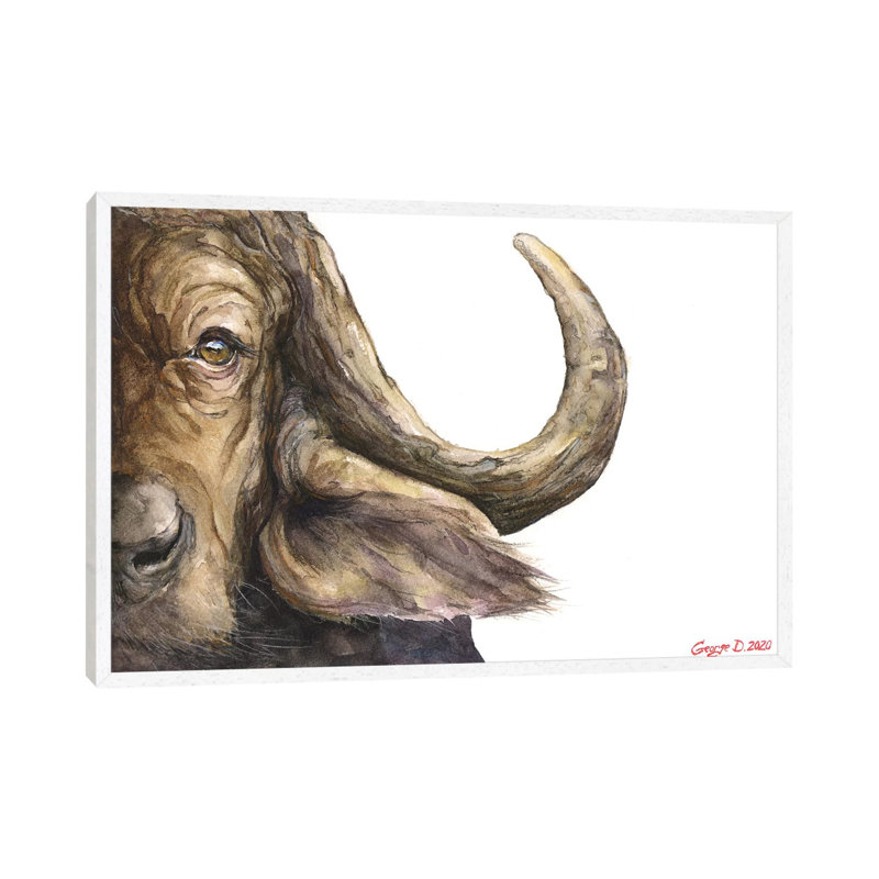 Cape Buffalo 1 Piece Painting on Canvas, 101.6cm H x 152.4cm W x 3.81cm D, White Framed