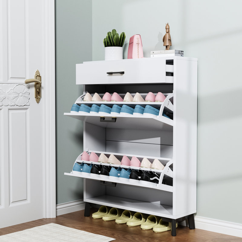 White Shoe Storage Cabinet For Entryway With 2 Flip Drawers: Ample Space, Freestanding Organizer Unit - Drawers, White, , Space Saving Doorway