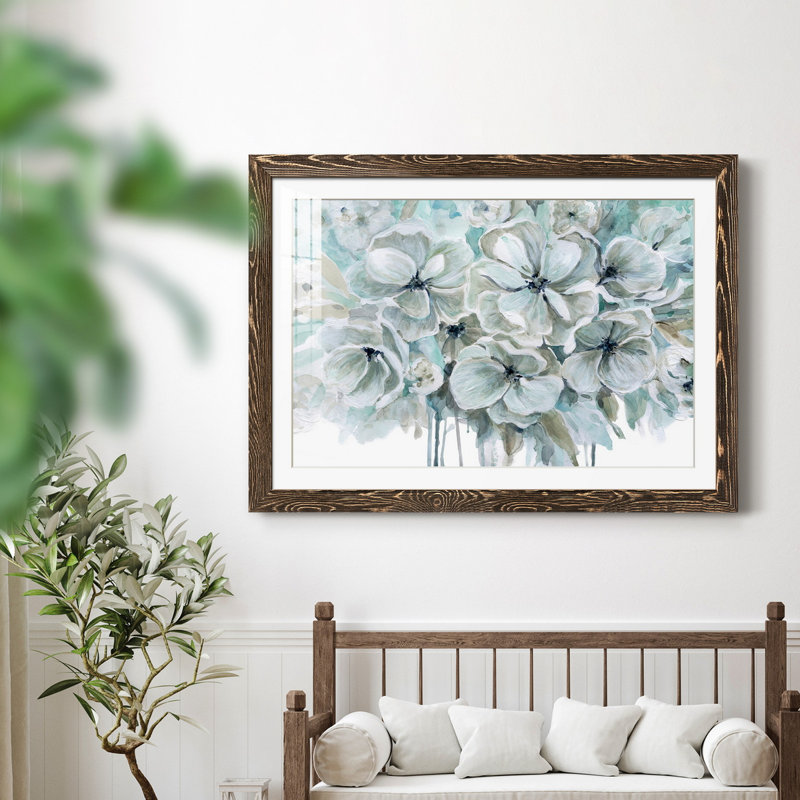 Bleu sarcelle harmonie I - peinture encadrée, H 20 po x l 17 po x P 1,5 po, Encadré de bois de noyer