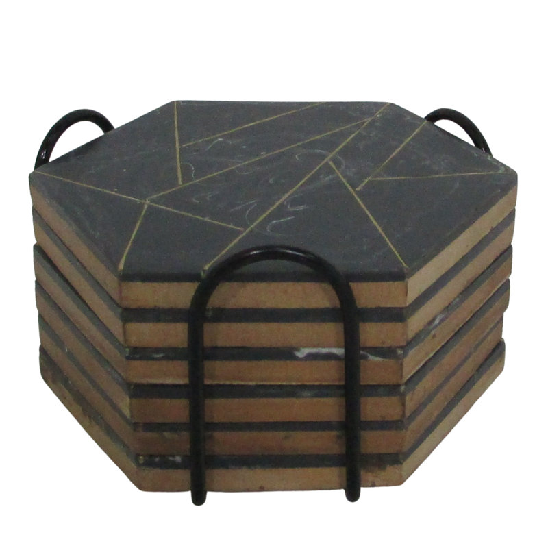 Ensemble de sous-verres géométriques en bois avec support, gris, Art déco