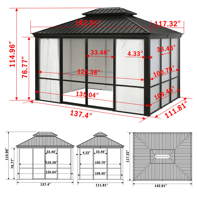 20' W x 12' D Polycarbonate Sunroom Hardtop Gazebo, 12' W x 10' D