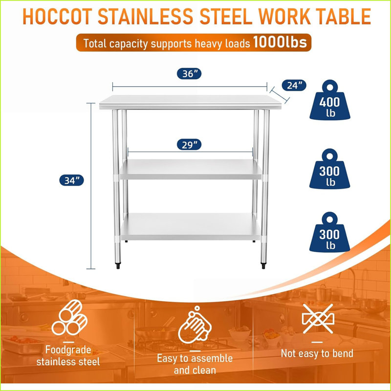 Table de travail en acier inoxydable 24 x 36 avec 2 tablettes, certifiée NSF et durable pour la cuisine