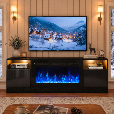 90" TV Stand with 50" WiFi Electric Fireplace Included, Modern Media Console Entertainment Center for Tvs Up To 98'', LED Lights, Storage Cabinets & Shelves