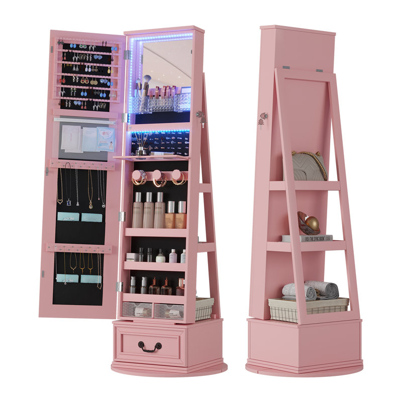 Armoire à bijoux avec miroir, lumières à DEL, tablettes de rangement rotatives et conception verrouillable, Rose