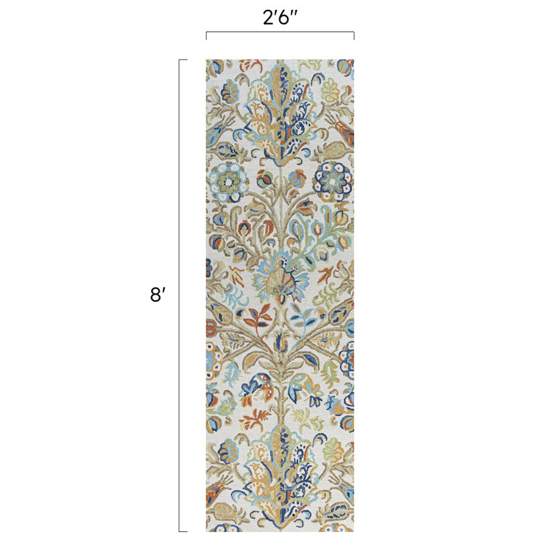 Acacia Floral Handmade Tufted Wool Blue/Beige/Green Rug, Runner 2'6" x 8'