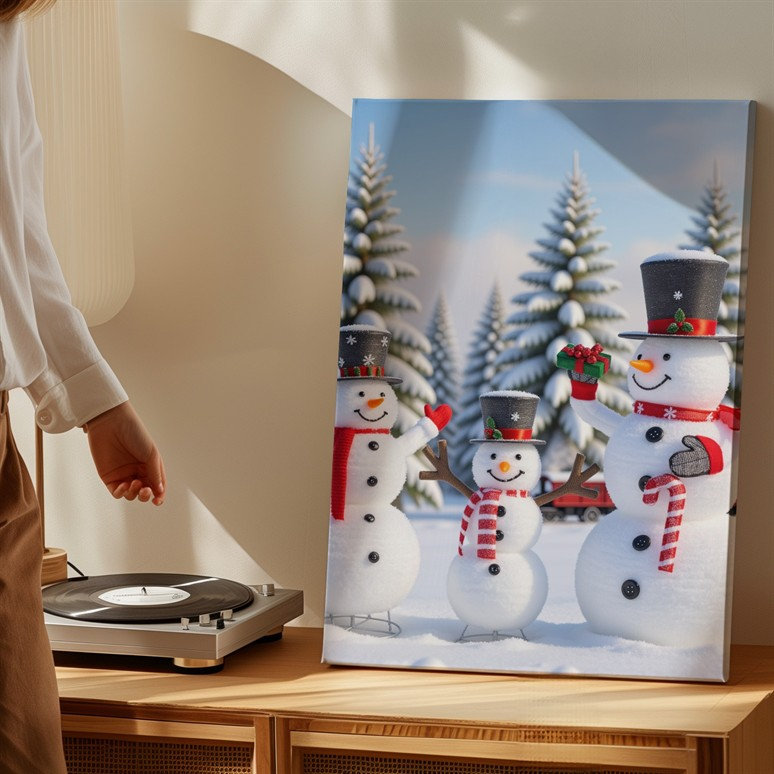 Toile, scène fantaisiste d'hiver mettant en vedette un bonhomme de neige avec une carotte, nez et yeux de charbon nichés à l'intérieur d'un grand dessus gris