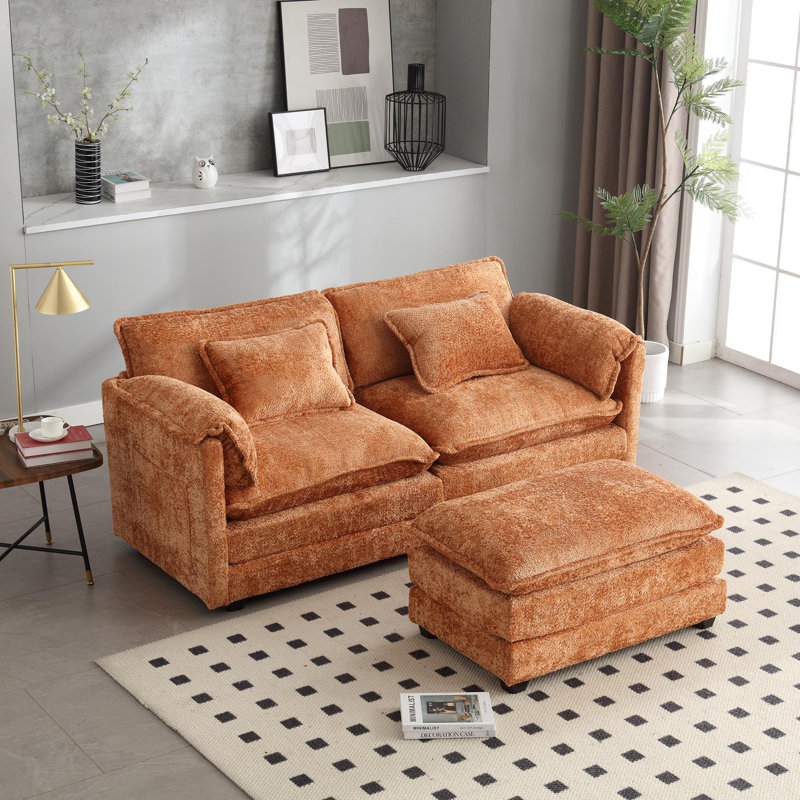 Causeuse de style moderne avec accoudoirs amovibles, Chenille orange, H 31,1 po x l 76,8 po x P 29,5 po