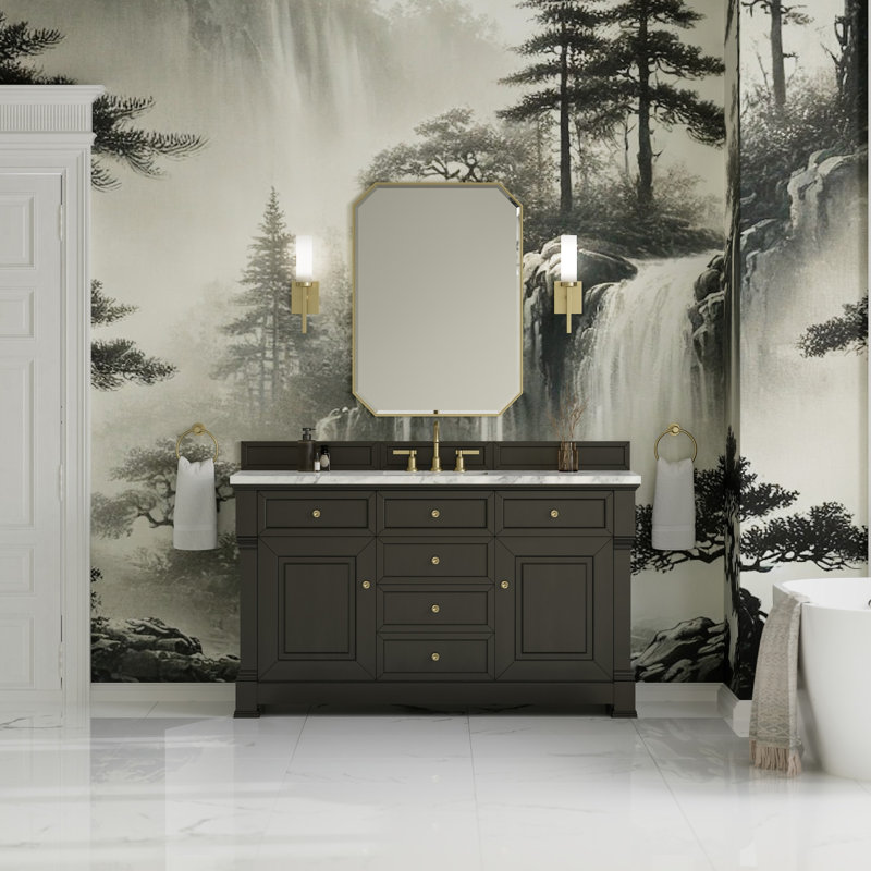 Brookfield Single Vanity, Carrara White, Widespread, Black Onyx