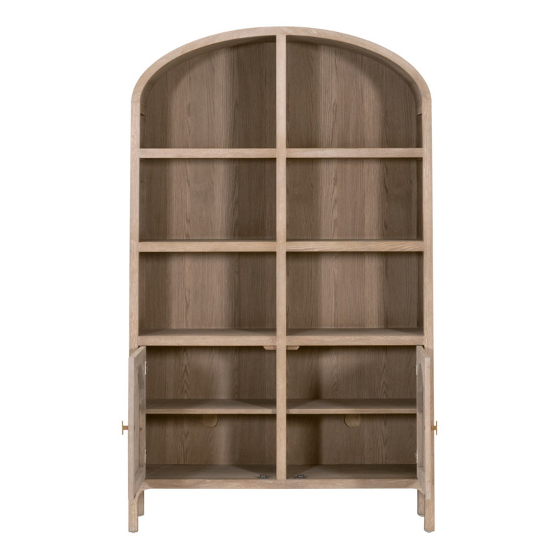 Smoke Gray Oak and Cane Arched Storage Bookcase with Doors