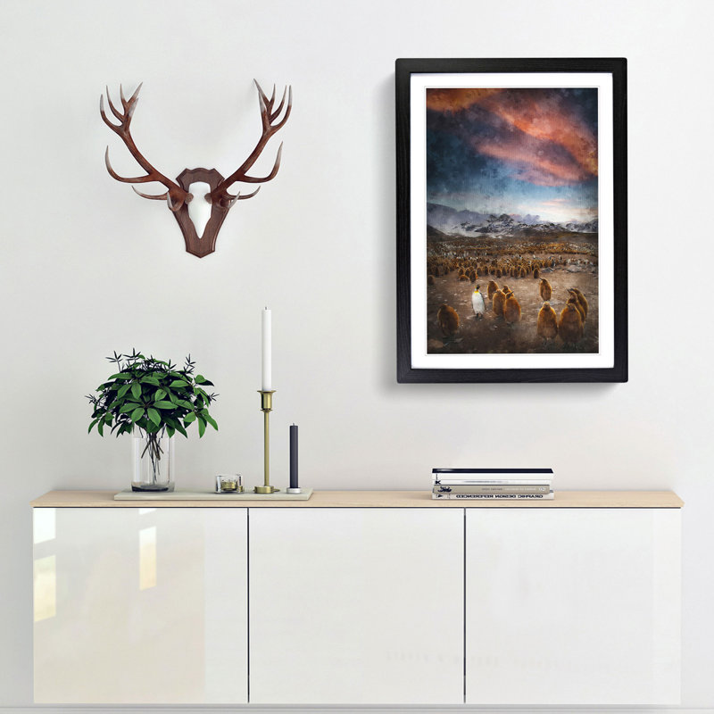 King Penguins & Mountains - Framed Print, Black Framed, 45cm H x 33cm W x 2cm D