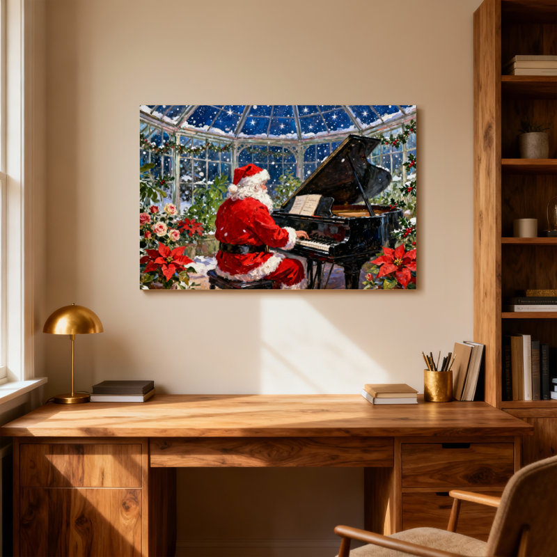 Père Noël jouant du piano dans une serre la nuit, H 28 po x l 40 po