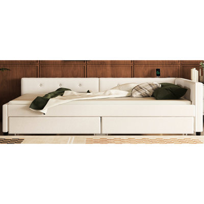 Queen Size Upholstered Bed With Port And 2 Moth-shaped Drawers, Beige Platform & Soft-close