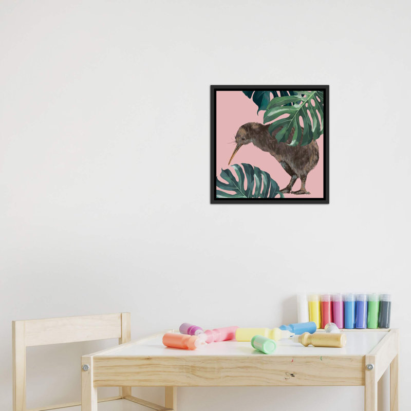 Kiwi oiseau avec monstera art, H 37 po x l 37 po x P 1,5 po, Toile avec cadre noir