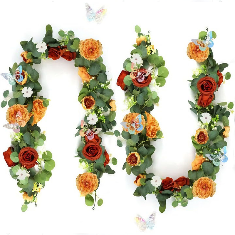 Guirlande artificielle de 2 eucalyptus et roses avec 24 papillons argentés découpés au laser – Vigne florale artificielle réaliste en soie et plastique – Arche de mariage, table de fête, décoration intérieure – Orange brûlé, 180 cm