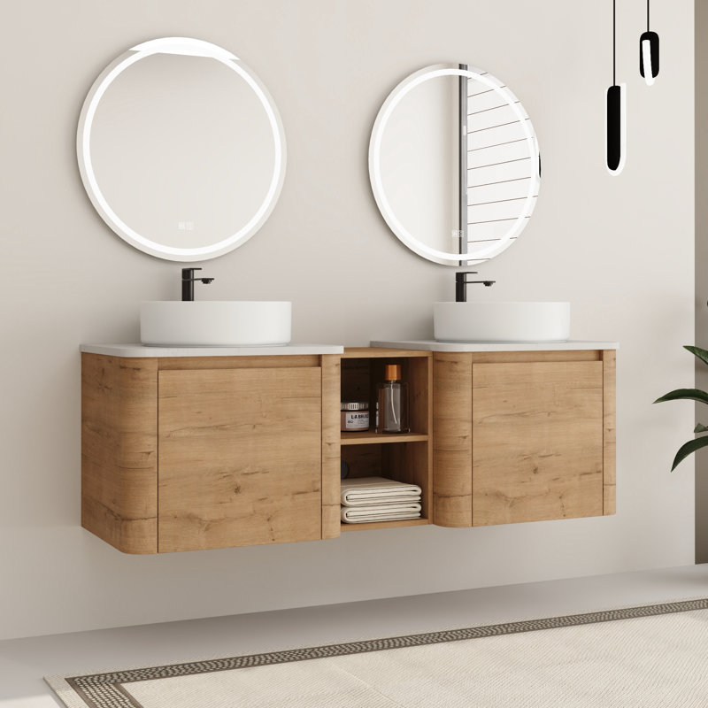 Wall-Mounted Bathroom Vanity with Engineered Stone Top, 60", White