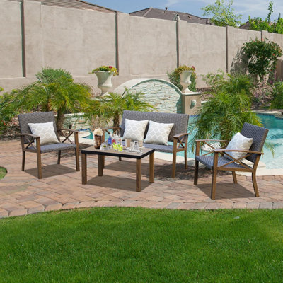 Aluminum Patio Furniture Set, 4-Piece Modern Conversation Set with Cotton Padding Backrests and Seats, Outdoor Sectional Metal Sofa Set with 5.5 Inch Cushion and Coffee Table for Balcony, Garden