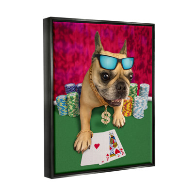«Cool French Bulldog Gambler Casino Poker Chips» par Michael QuackenBush - reproduction de cadre flottant sur toile