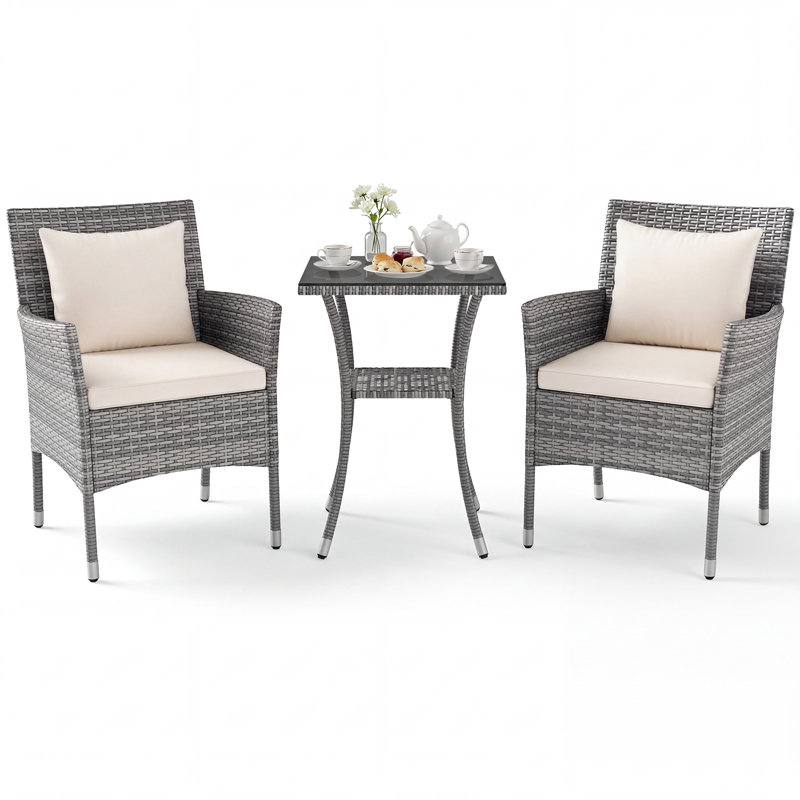 3 Pieces Patio Wicker Bistro Set Outdoor Conversation Furniture Set, Off White