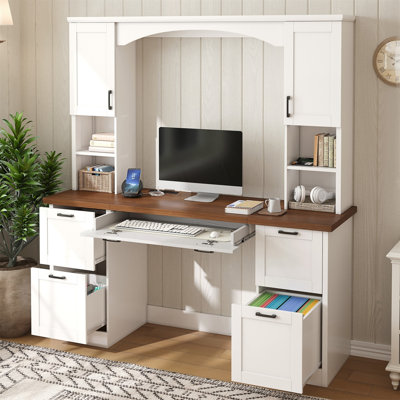 Bureau d'ordinateur de style ferme avec tablette, plateau pour clavier et station de recharge intégrée