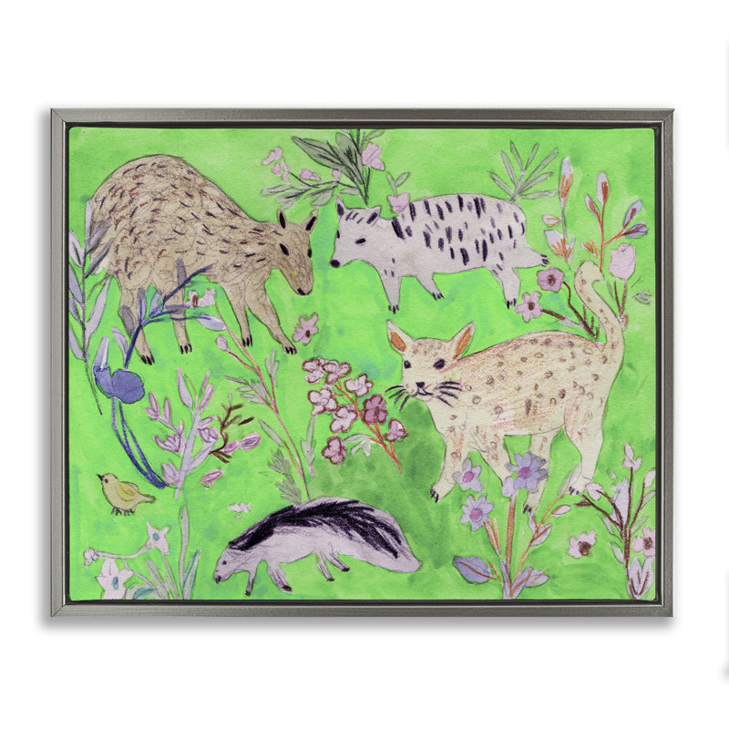 Cadre flottant Quirky Meadow Wildlife, conception par Melissa Wang, Cadre flottant gris lustré, H 17 po x l 21 po