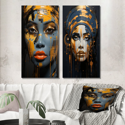 Yellow And Blue African Grace Portrait Of Beauty I - Woman African Wall Art Living Room Set Of 2