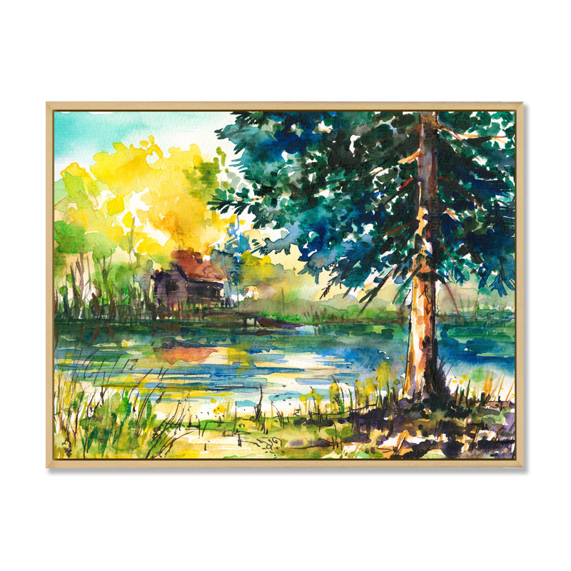 Paysage avec arbre bleu au bord de l'eau - Peinture sur toile, H 16 po x l 32 po, Cadre flottant en érable