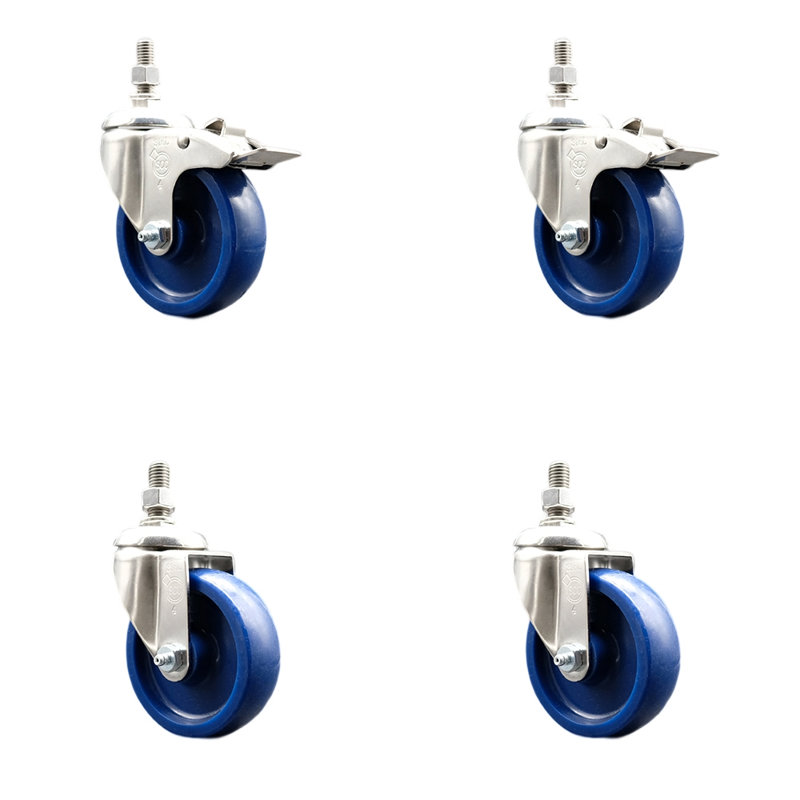 4 Inch 316SS Solid Polyurethane 3/8 Inch Threaded Stem Caster Set 2 Lock Brake