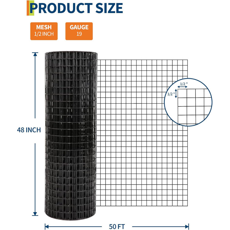 Hex Wire Fence Roll - Filet galvanisé résistant aux animaux, H 50 po x l 48 po x P 0,39 po, Noir