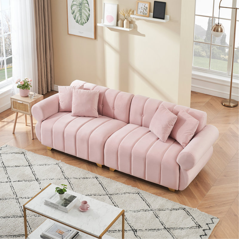 Canapé en velours avec capitonnage et coussins décoratifs 89 po Yore, Rose