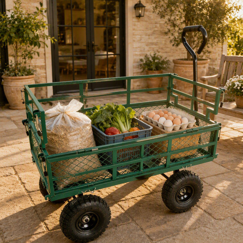 Chariot de jardin robuste pour le transport du bois de chauffage et usage multifonctionnel, durable et polyvalent, Vert