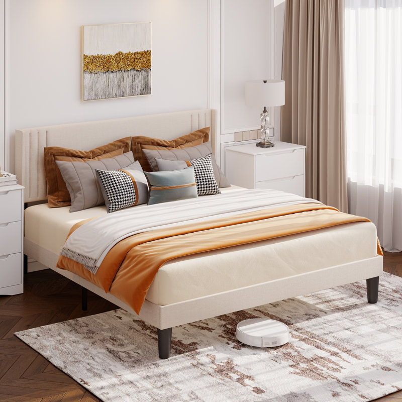 Bettyjean Upholstered Wingback Platform Bed with Padded Headboard and Underbed Storage, Queen, Beige