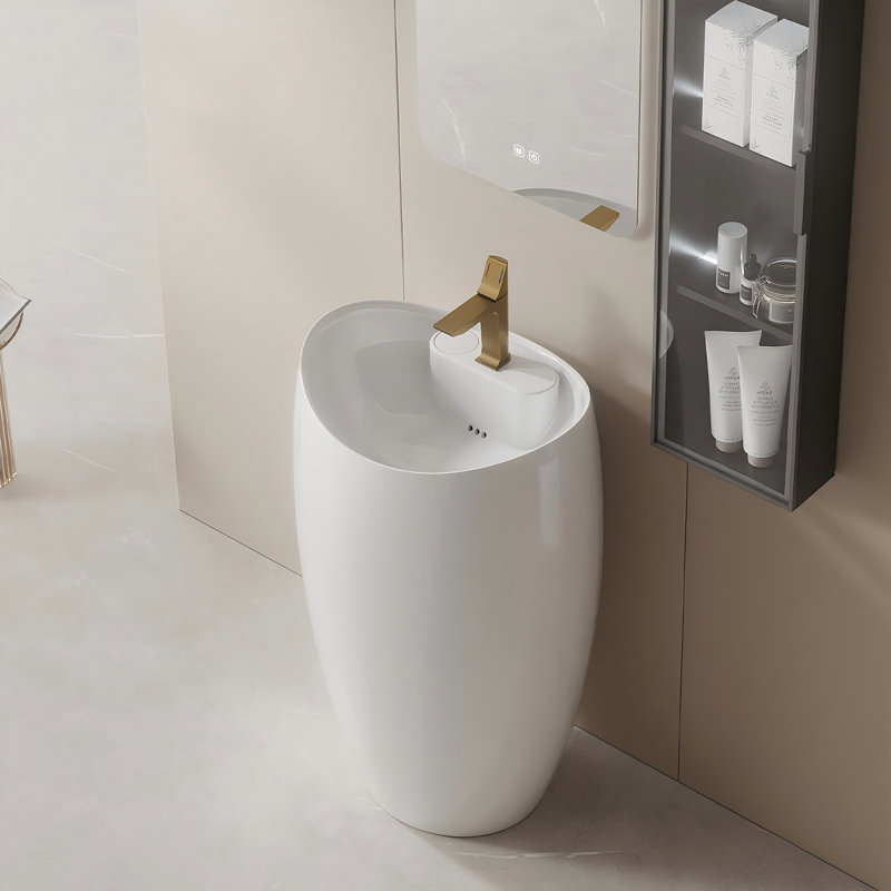 Lavabo sur pied en céramique blanche, moderne et minimaliste, avec miroir carré élégant