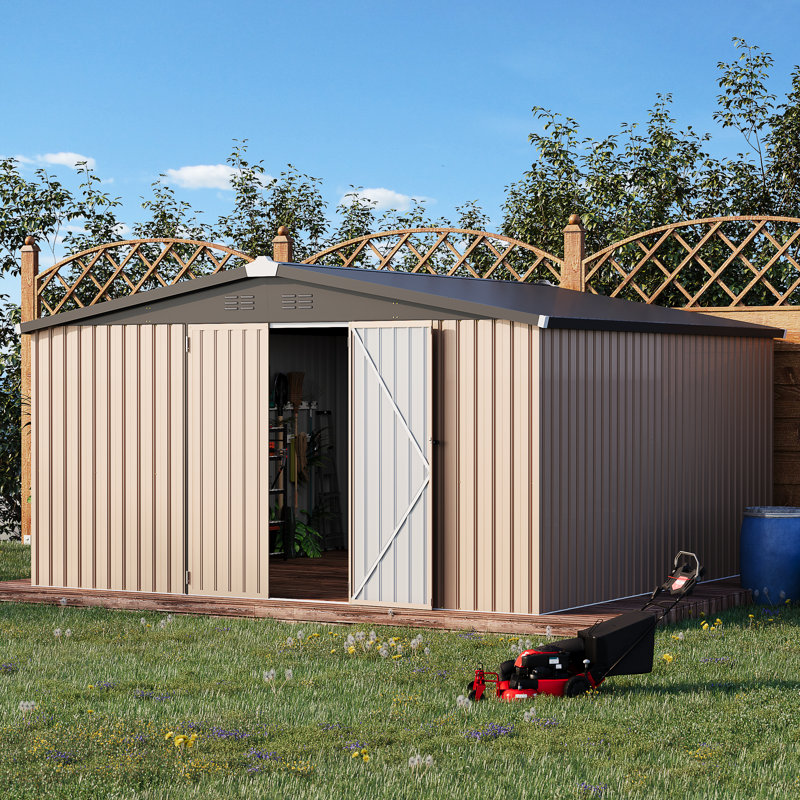 12' x 12' Metal Storage Shed  With Design Of Lockable Doors, Gray