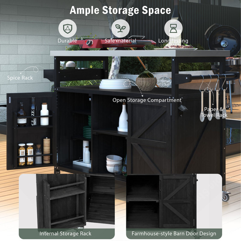 Farmhouse Rolling Outdoor Kitchen Island, Outdoor Bar Cart Grill Table With Stainless Steel Top, Spice Rack, Paper Towel Holder