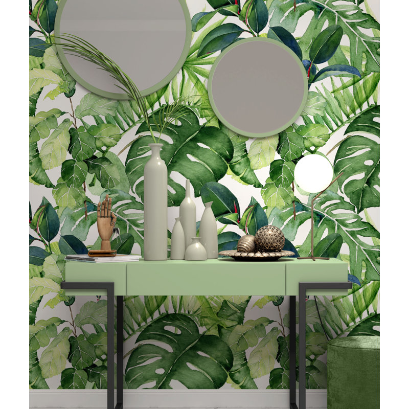 Papier peint floral feuilles vertes, L 75,96 po x l 114 po