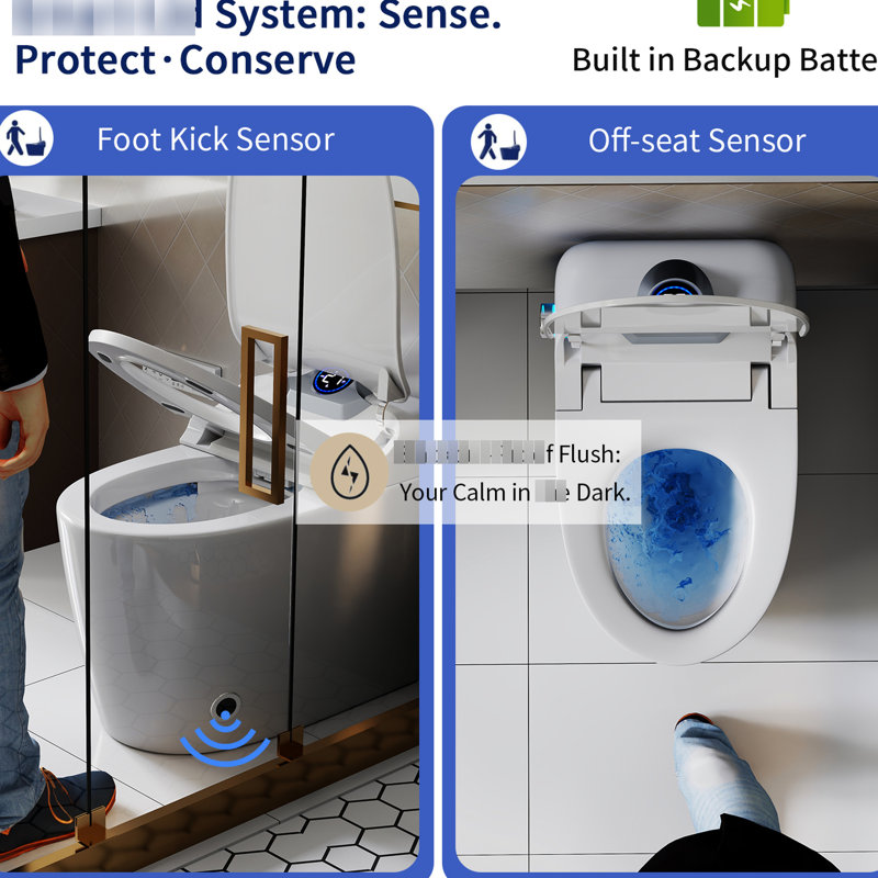 Bidet de toilette intelligent avec couvercle / siège ouvert avec capteur de pied, buse autonettoyante, siège chauffant à trois niveaux, flux d'air, affichage à DEL, nuit, commande à bouton, fermeture douce, chasse automatique et télécommande - fer blanc