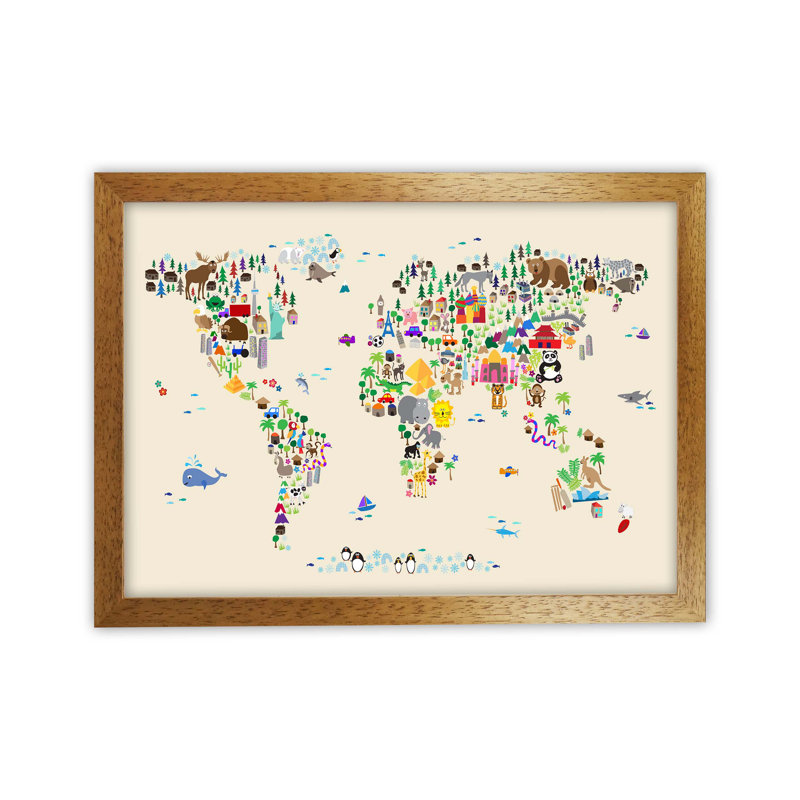 Animal Map Of The World by Michael Tompsett - Print, Brown Framed, 34cm H x 46cm W x 3cm D
