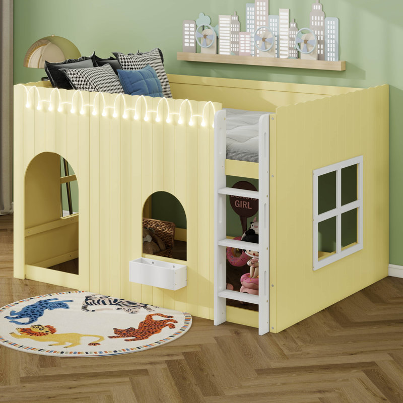 Lit mezzanine pour enfants avec guirlande lumineuse à DEL, barrière de sécurité, espace de jeu sous le lit, Full