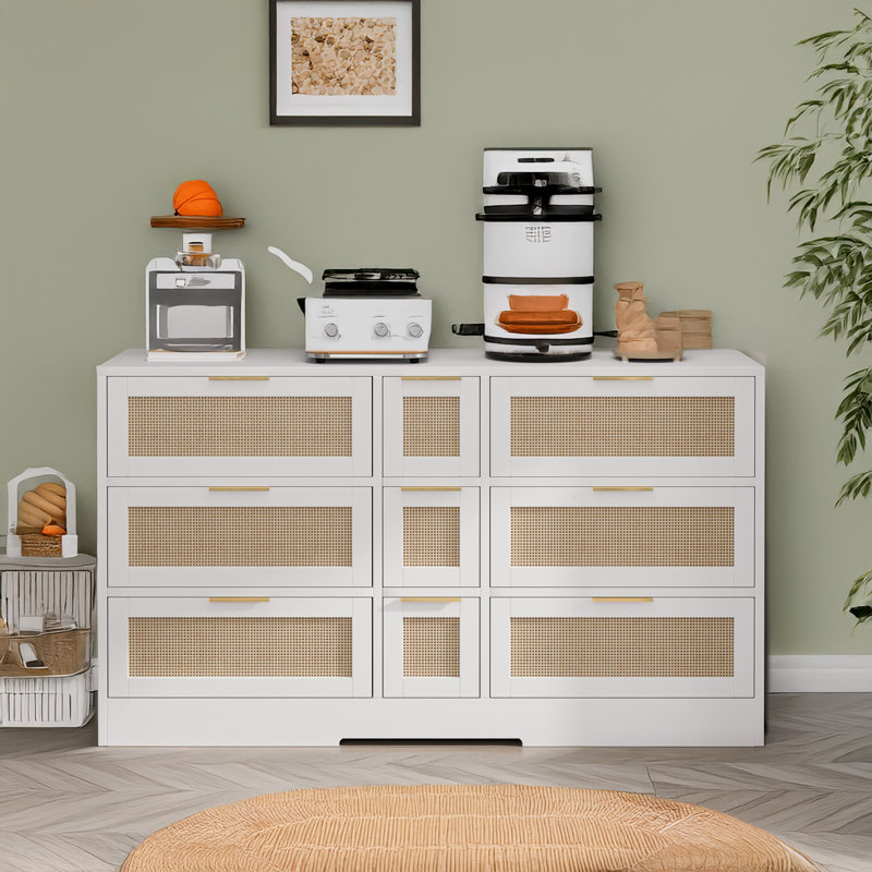 White and Light Wood Rattan Accent Cabinet with 9 Drawers