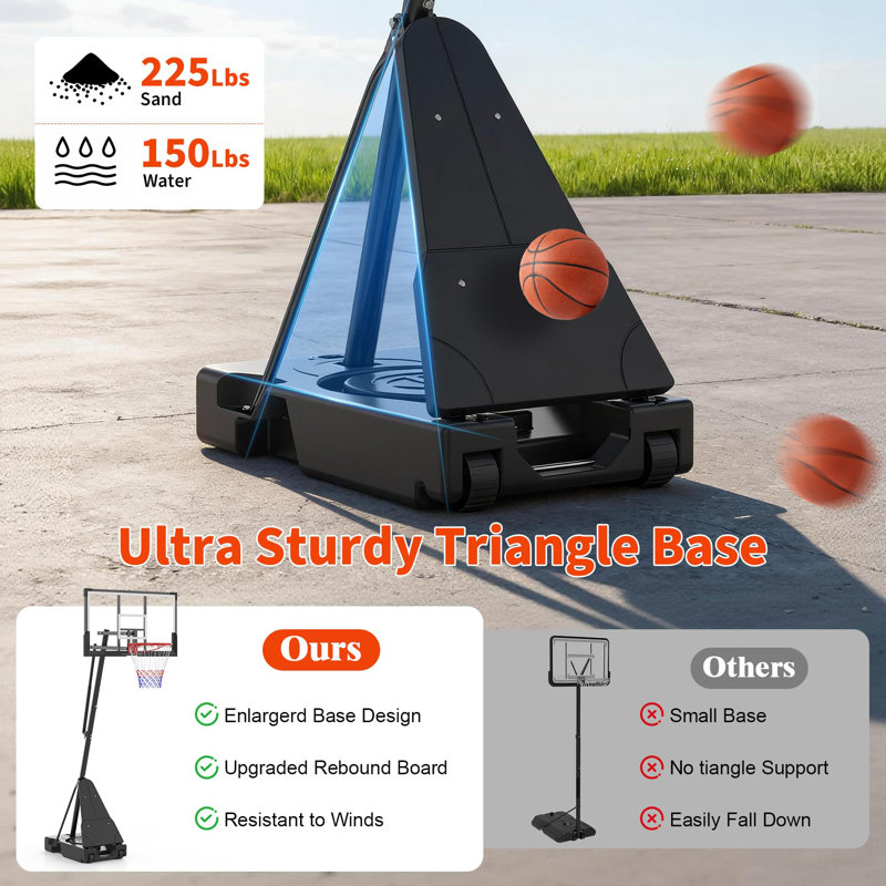 Système de panier de basketball extérieur réglable de 48 pouces à hauteur réglable de 4,9 à 10 pi, base portative avec roues et poids, parfait pour jouer dans la cour ou au bord de la piscine