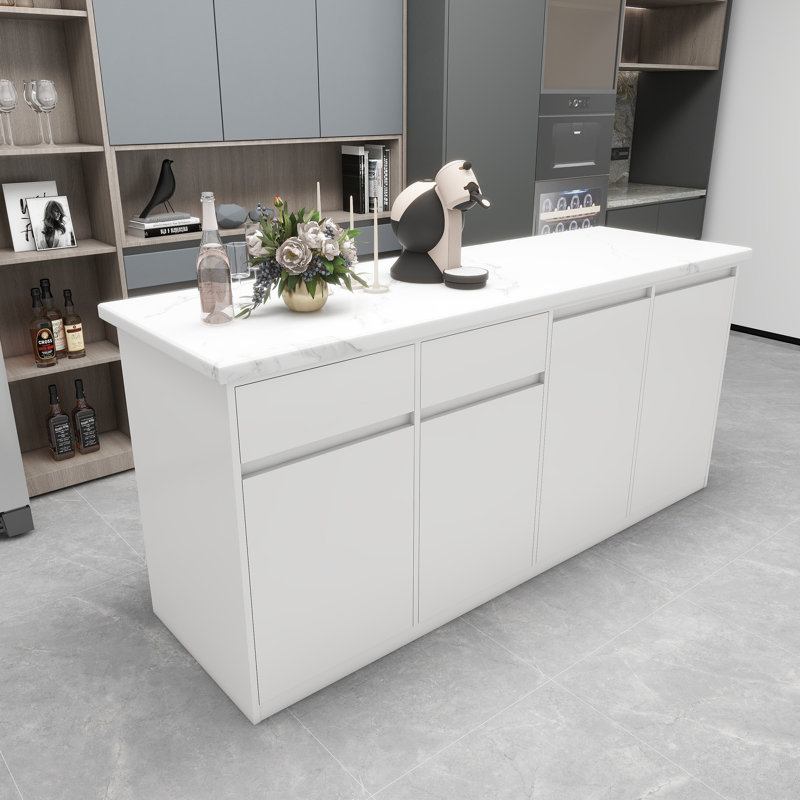 Îlot de cuisine moderne à plateau en marbre avec armoires de rangement et tiroirs, Blanc